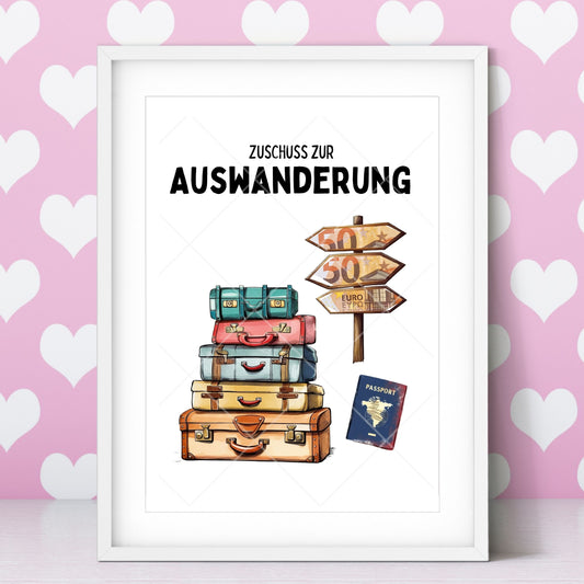 Auswanderung Geldgeschenk Zuschuss – Digitaler Sofort Download PDF A4 zum Ausdrucken