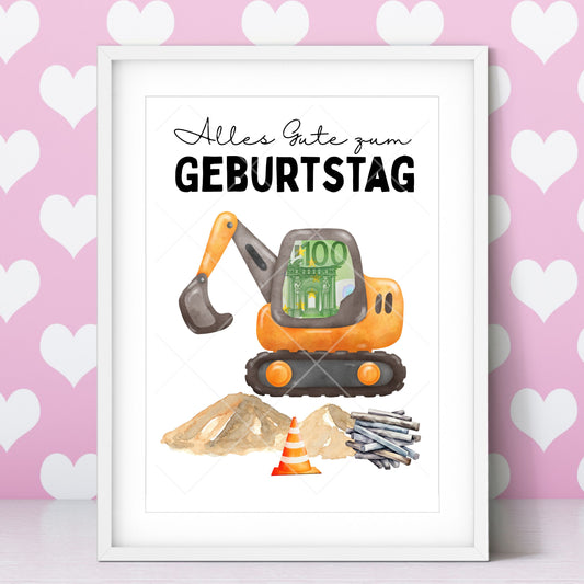 Bagger Geldgeschenk Geburtstag – Digitaler Sofort Download PDF A4 zum Ausdrucken