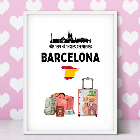 Barcelona Reise Geldgeschenk - Digitaler Sofort Download PDF A4 zum Ausdrucken