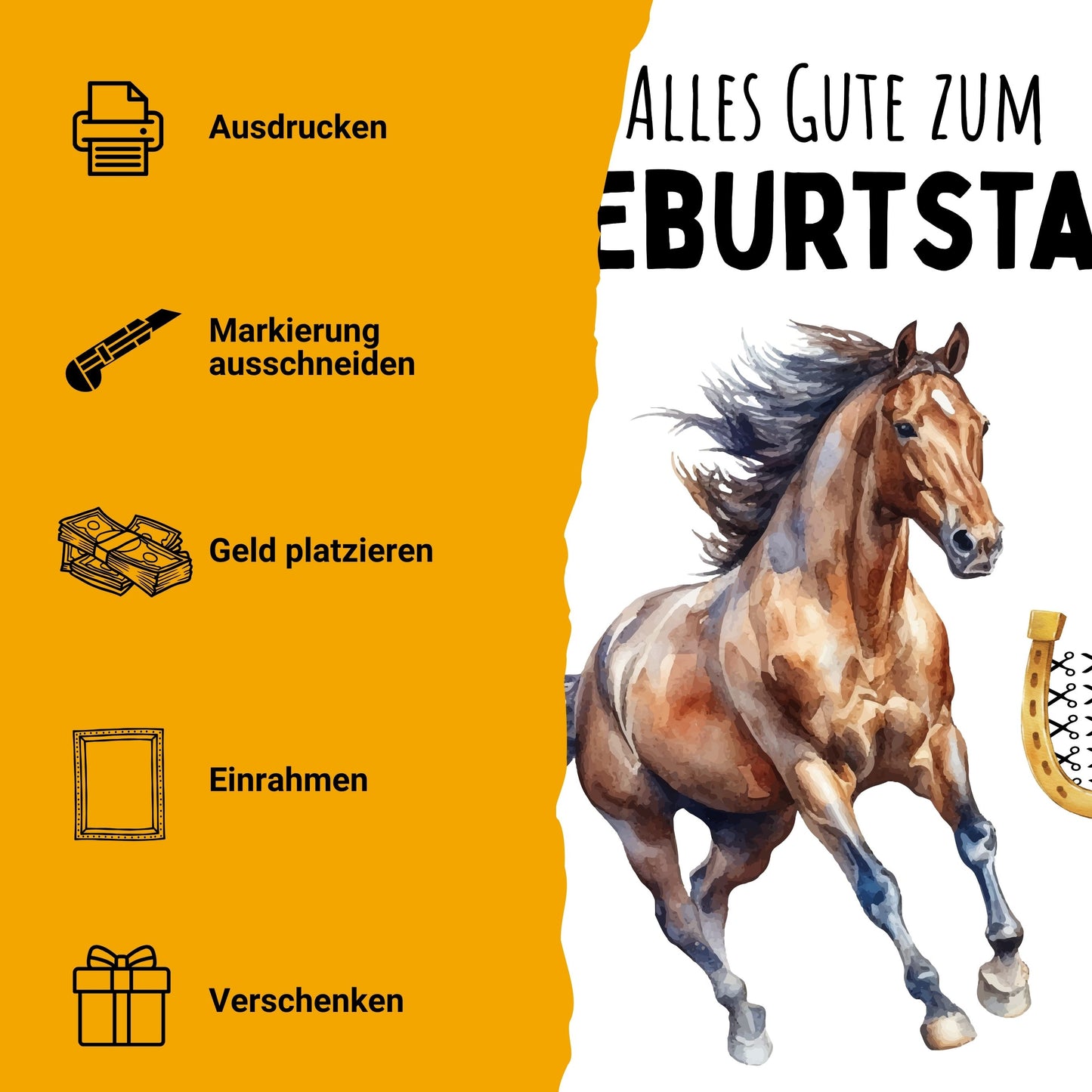 Pferd Geldgeschenk Geburtstag Hufeisen – Digitaler Sofort Download PDF A4 zum Ausdrucken