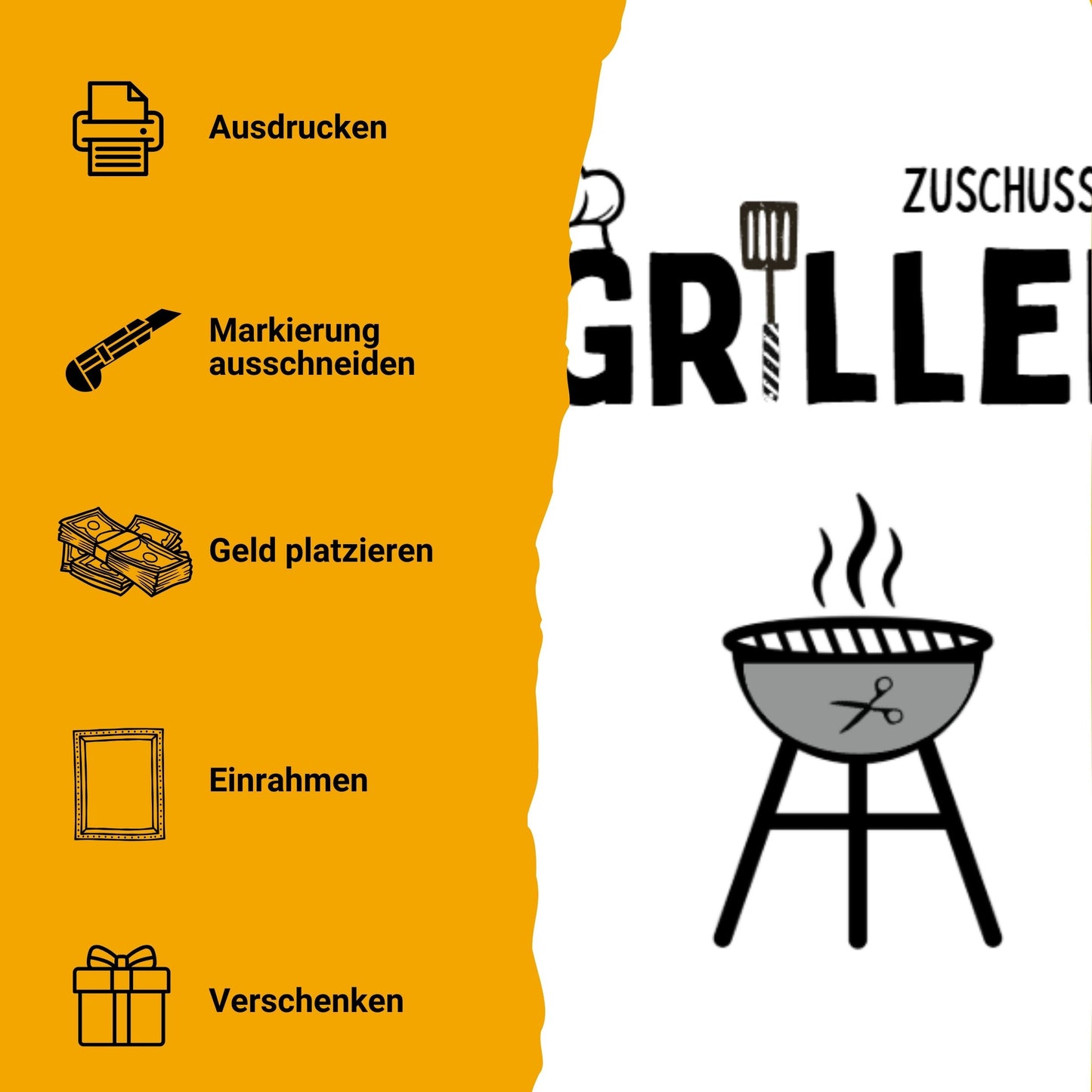 Zuschuss zum Grillen Geldgeschenk - Digitaler Sofort Download PDF A4 zum Ausdrucken
