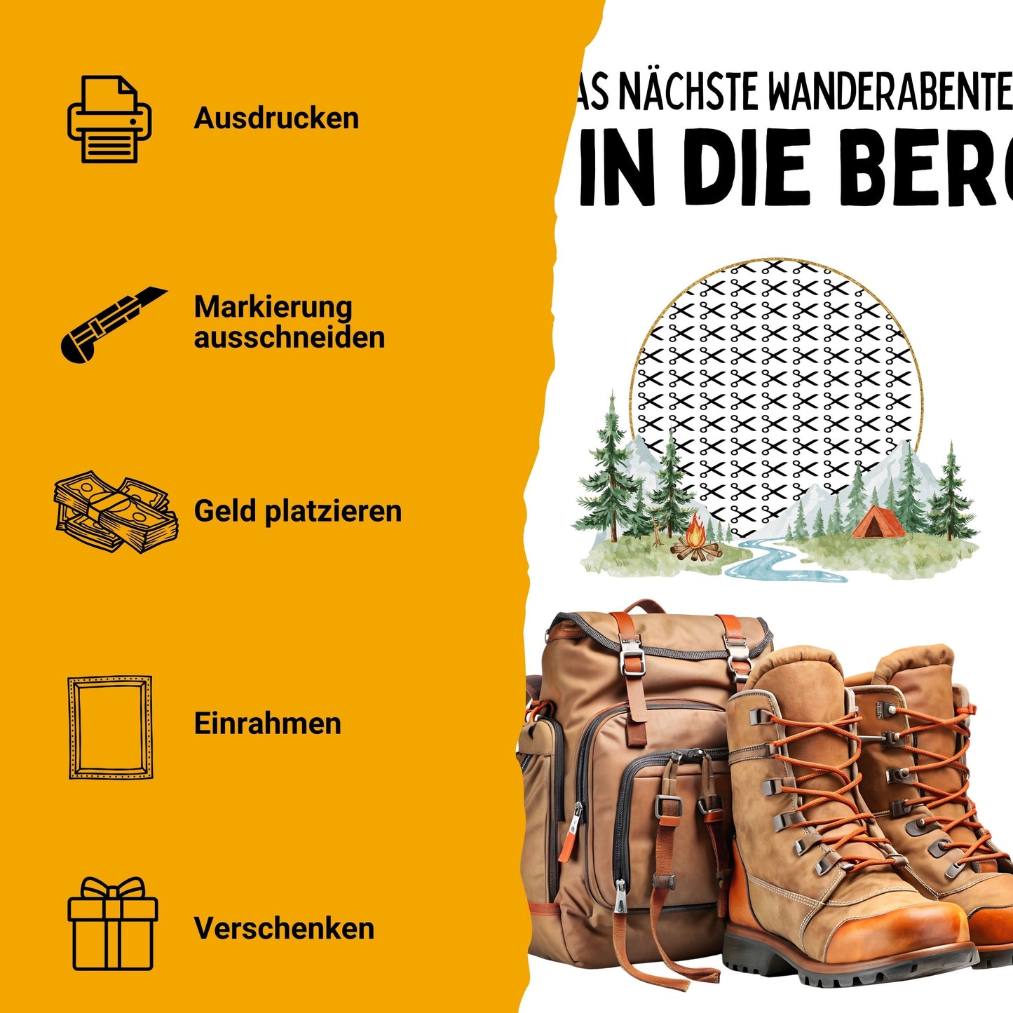 Berge Wandern Reise Geldgeschenk Reisegutschein – Digitaler Sofort Download PDF A4 zum Ausdrucken