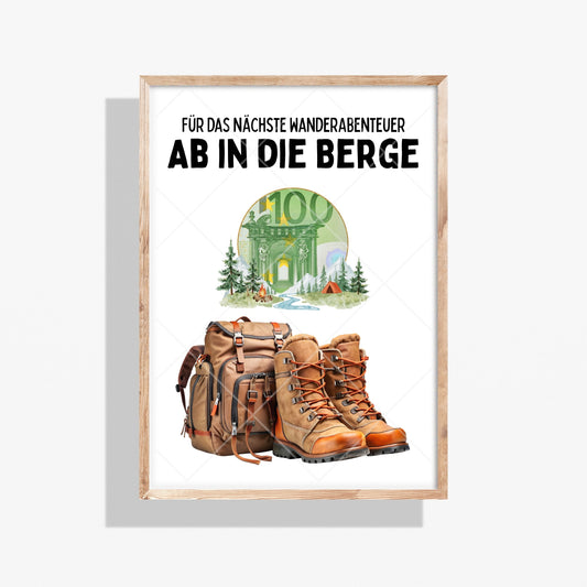 Berge Wandern Reise Geldgeschenk Reisegutschein – Digitaler Sofort Download PDF A4 zum Ausdrucken