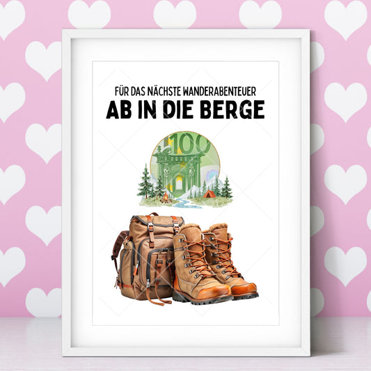 Berge Wandern Reise Geldgeschenk Reisegutschein – Digitaler Sofort Download PDF A4 zum Ausdrucken