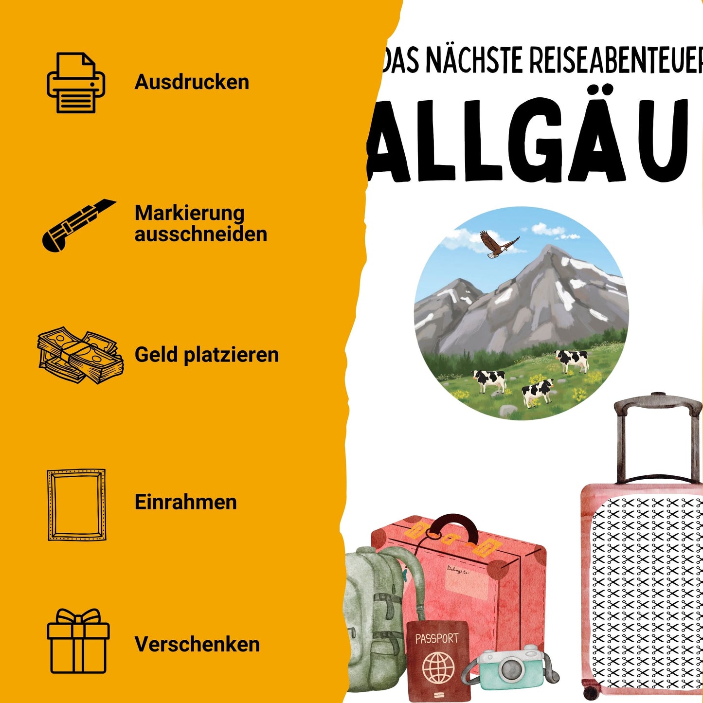 Allgäu Reise Geldgeschenk Reisegutschein – Digitaler Sofort Download PDF A4 zum Ausdrucken