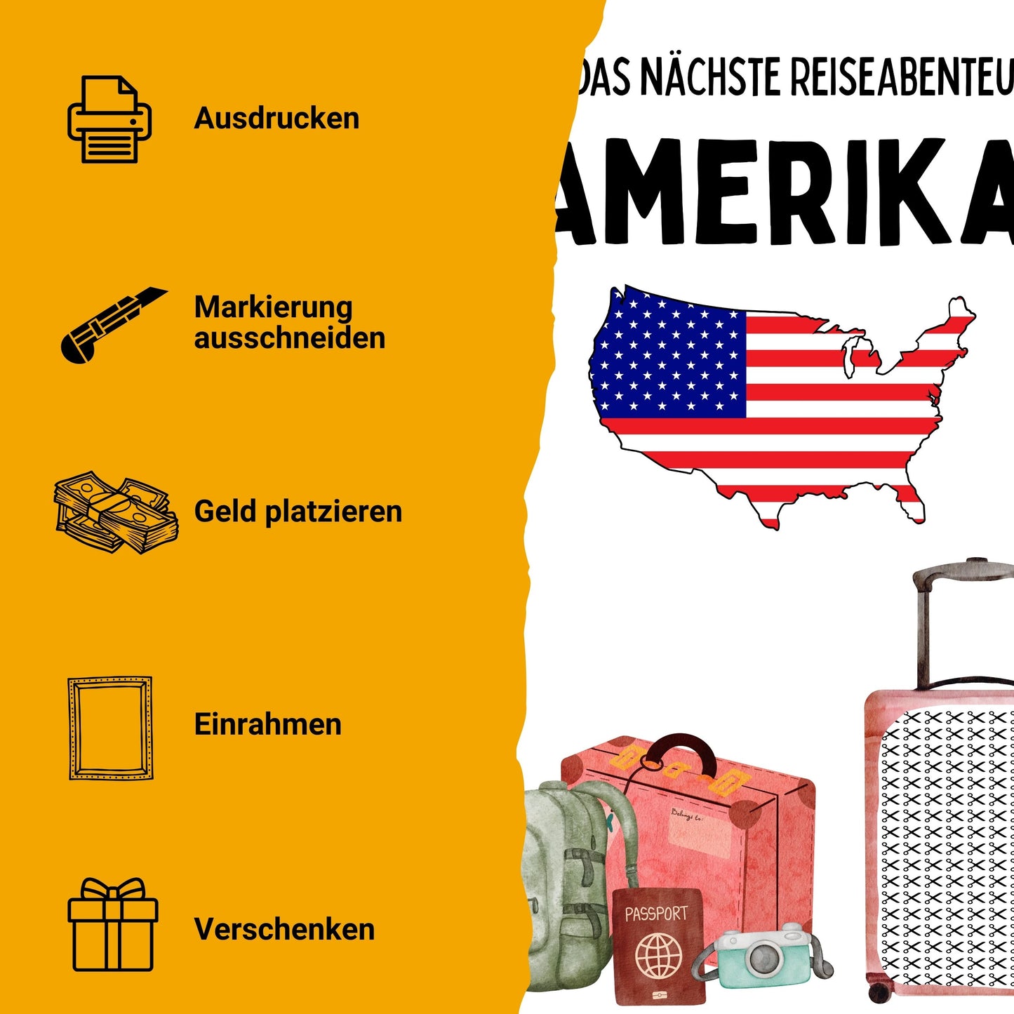 Amerika Reise Geldgeschenk Reisegutschein – Digitaler Sofort Download PDF A4 zum Ausdrucken
