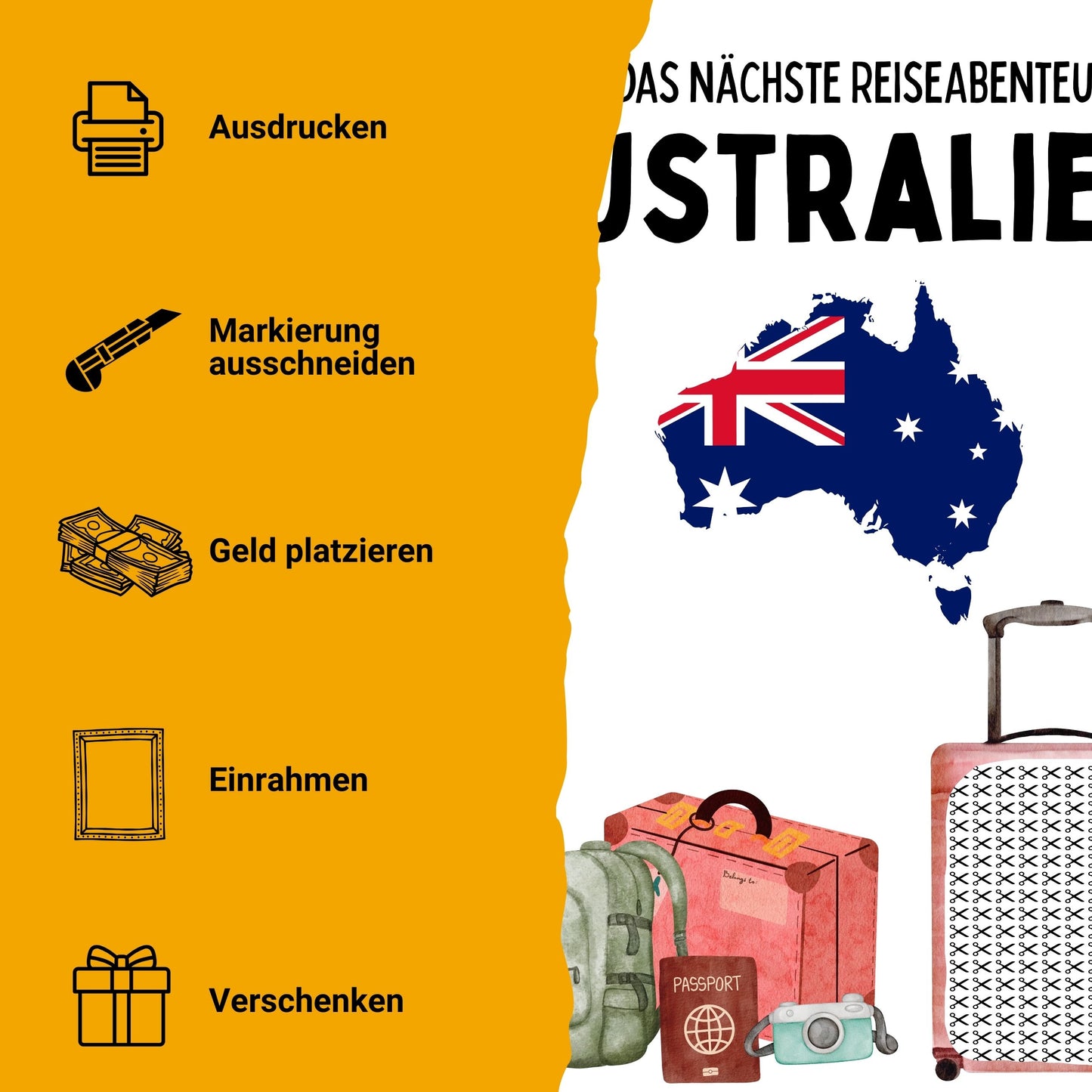 Australien Reise Geldgeschenk Reisegutschein – Digitaler Sofort Download PDF A4 zum Ausdrucken