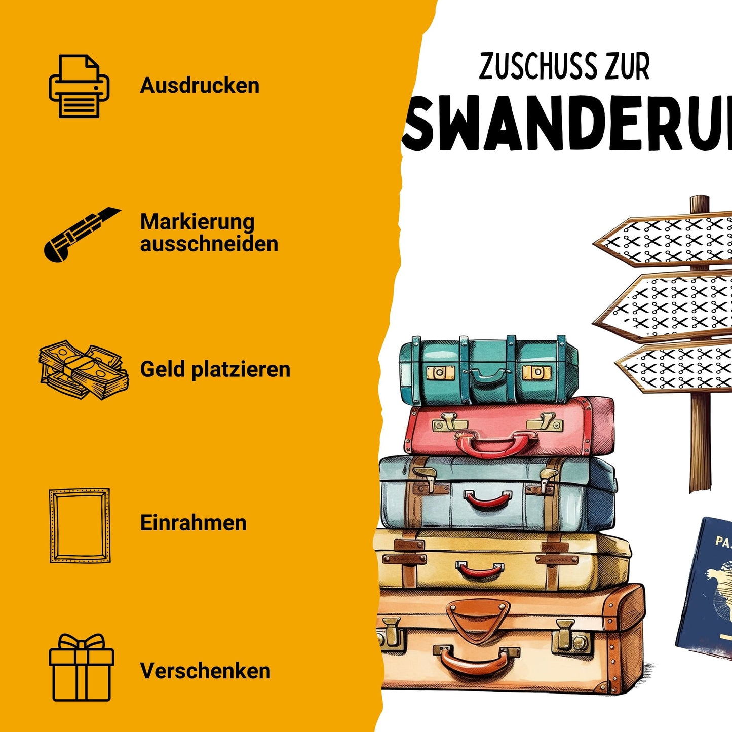 Auswanderung Geldgeschenk Zuschuss – Digitaler Sofort Download PDF A4 zum Ausdrucken