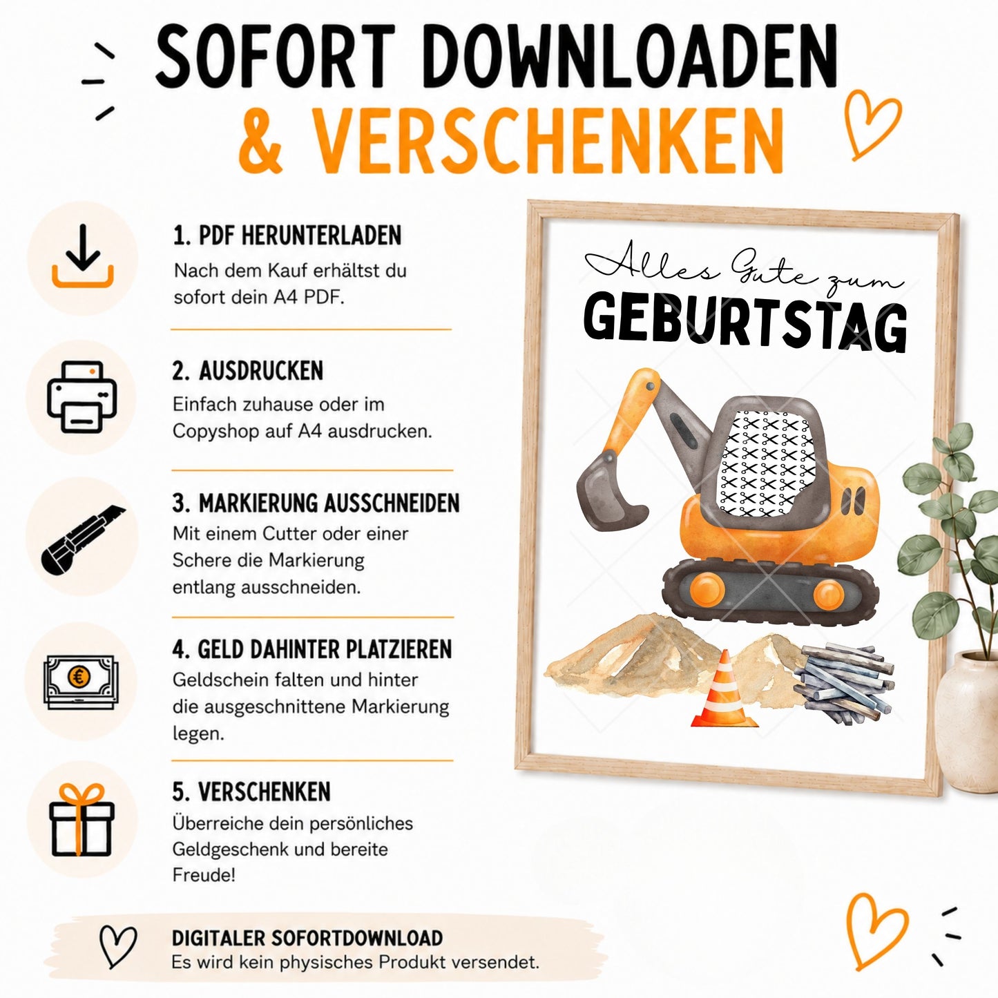 Bagger Geldgeschenk Geburtstag – Digitaler Sofort Download PDF A4 zum Ausdrucken