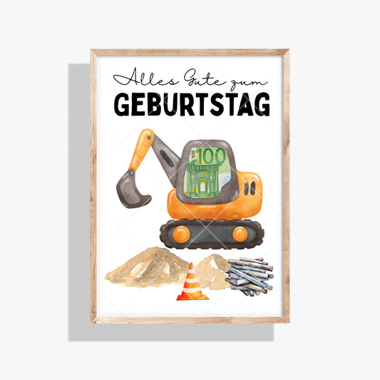 Bagger Geldgeschenk Geburtstag – Digitaler Sofort Download PDF A4 zum Ausdrucken