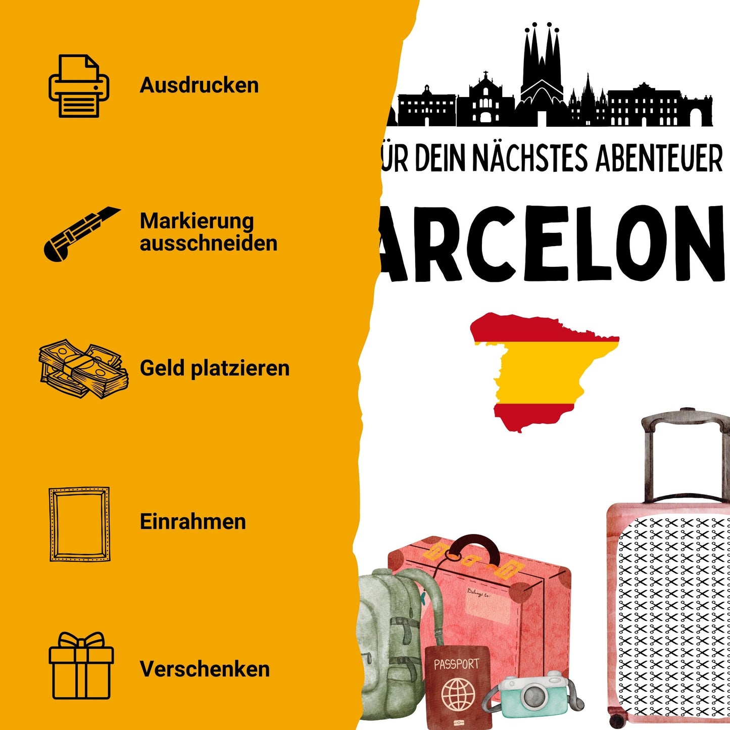 Barcelona Reise Geldgeschenk - Digitaler Sofort Download PDF A4 zum Ausdrucken