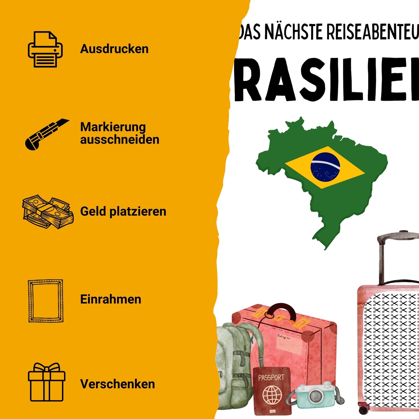 Brasilien Reise Geldgeschenk - Digitaler Sofort Download PDF A4 zum Ausdrucken