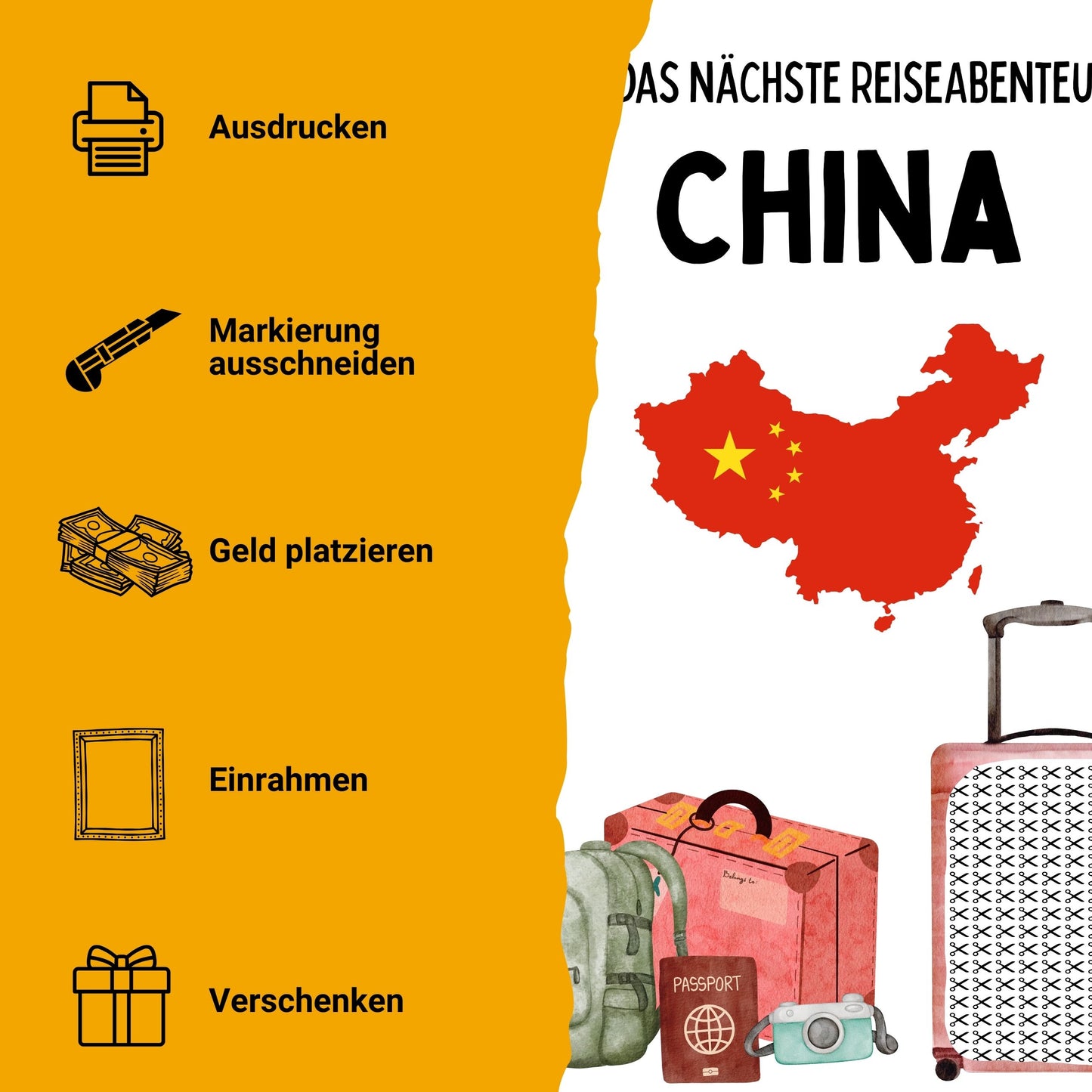 China Reise Geldgeschenk - Digitaler Sofort Download PDF A4 zum Ausdrucken
