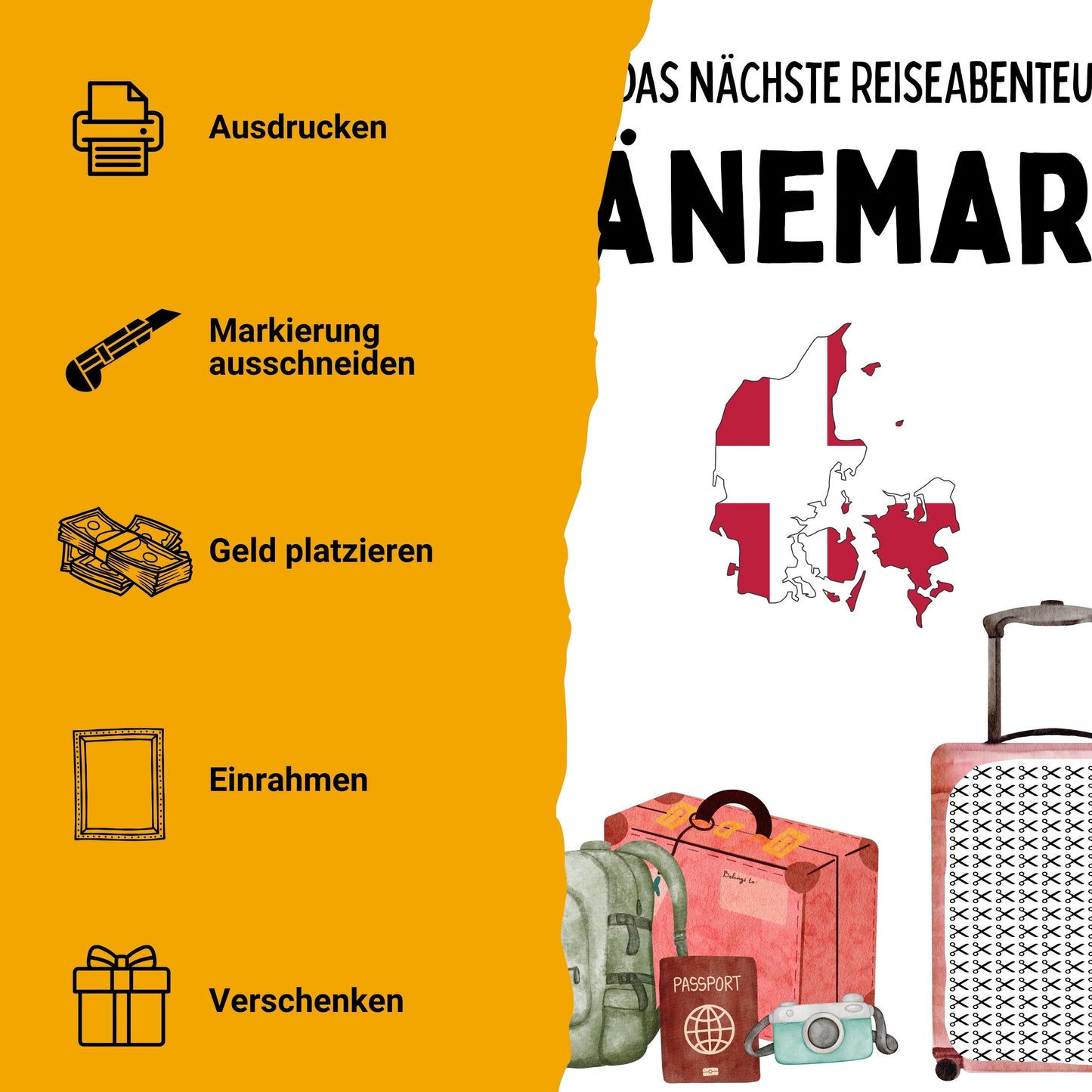 Dänemark Reise Geldgeschenk - Digitaler Sofort Download PDF A4 zum Ausdrucken