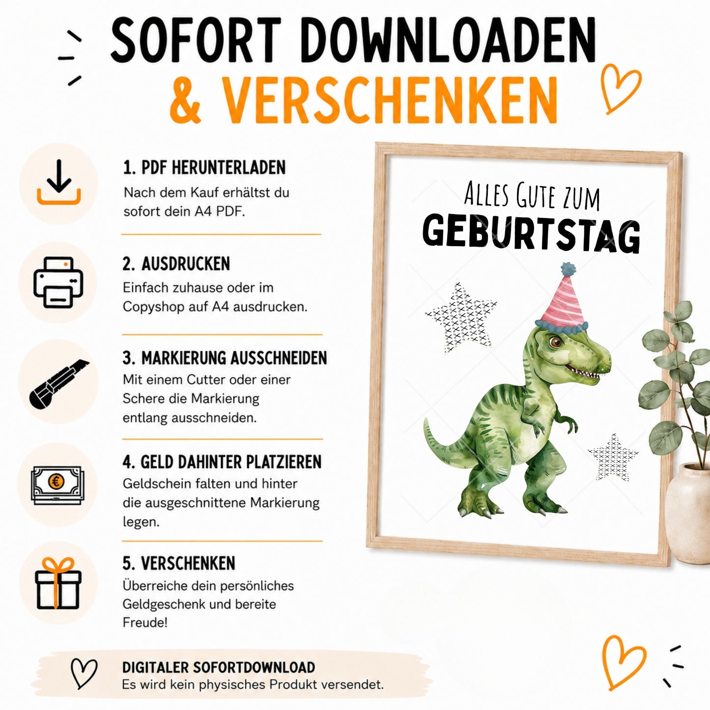 Dinosaurier T-Rex Geldgeschenk Geburtstag – Digitaler Sofort Download PDF A4 zum Ausdrucken