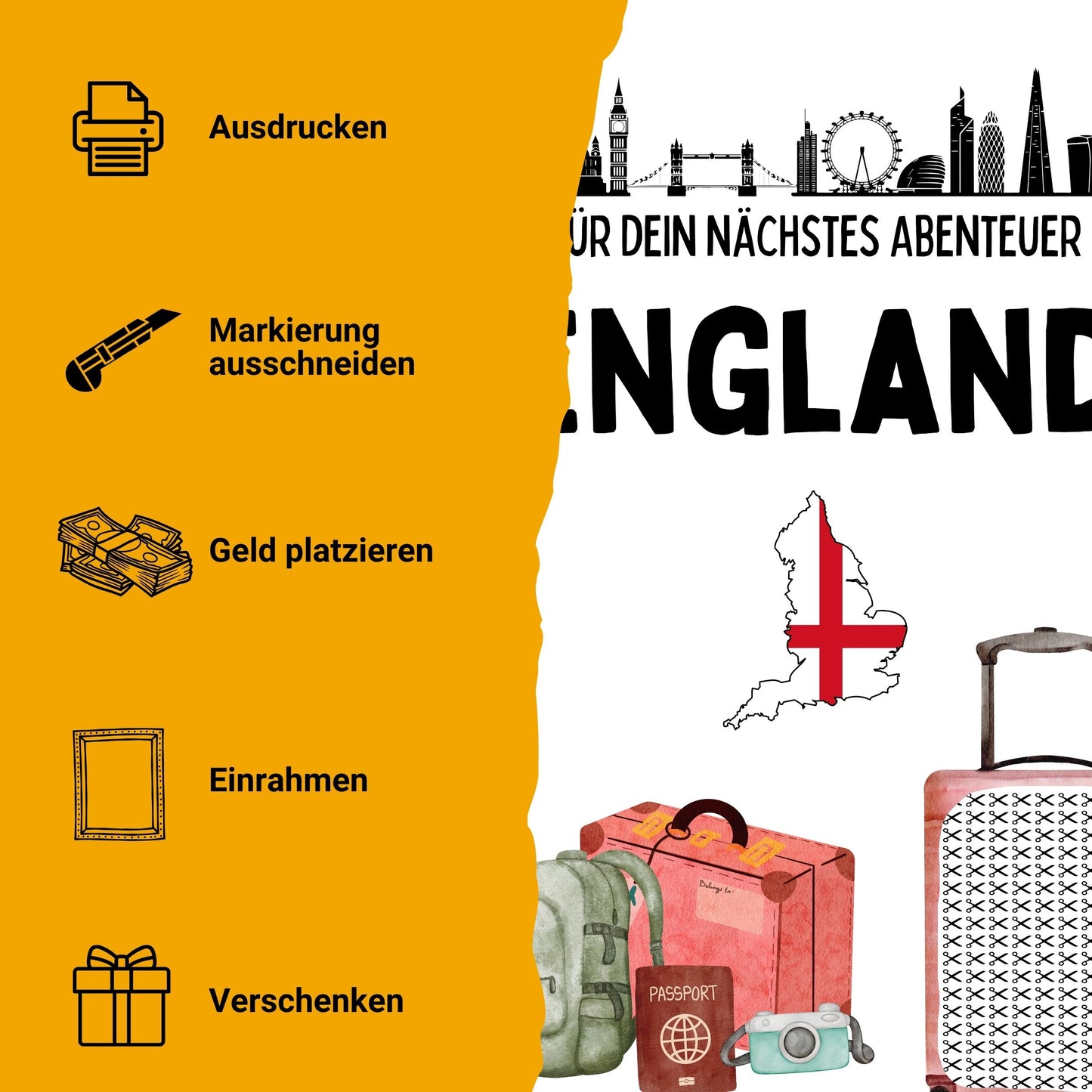England Reise Geldgeschenk - Digitaler Sofort Download PDF A4 zum Ausdrucken