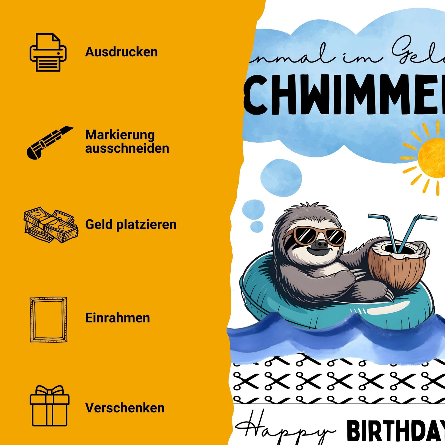 Faultier Geldgeschenk Geburtstag Einmal im Geld schwimmen – Digitaler Sofort Download PDF A4 zum Ausdrucken