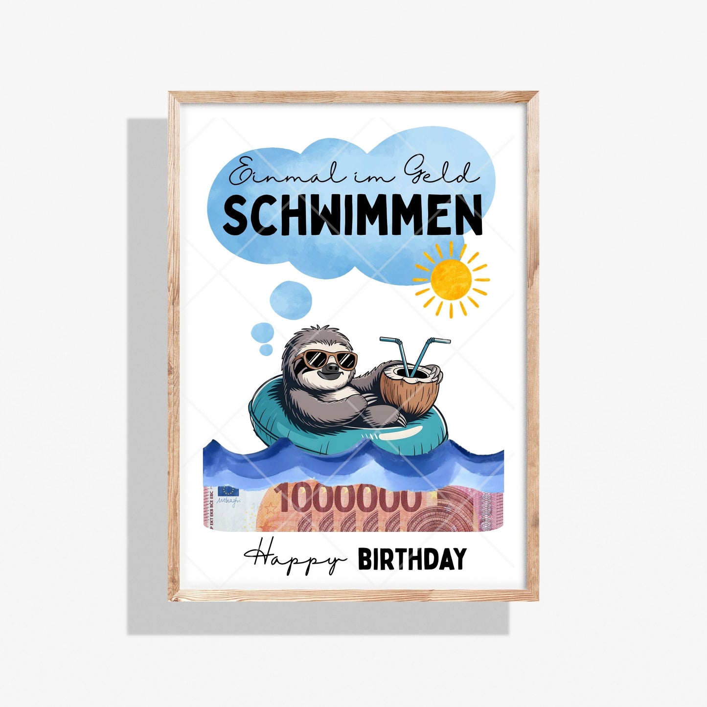 Faultier Geldgeschenk Geburtstag Einmal im Geld schwimmen – Digitaler Sofort Download PDF A4 zum Ausdrucken