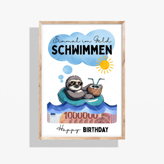 Faultier Geldgeschenk Geburtstag Einmal im Geld schwimmen – Digitaler Sofort Download PDF A4 zum Ausdrucken
