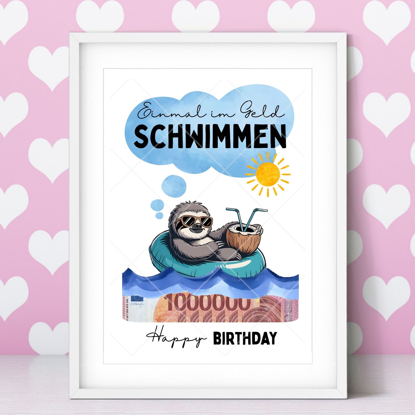 Faultier Geldgeschenk Geburtstag Einmal im Geld schwimmen – Digitaler Sofort Download PDF A4 zum Ausdrucken