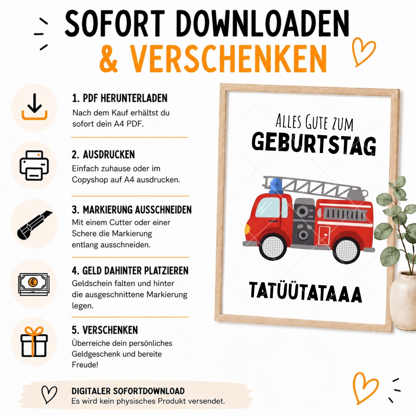 Feuerwehr Geldgeschenk Geburtstag – Digitaler Sofort Download PDF A4 zum Ausdrucken