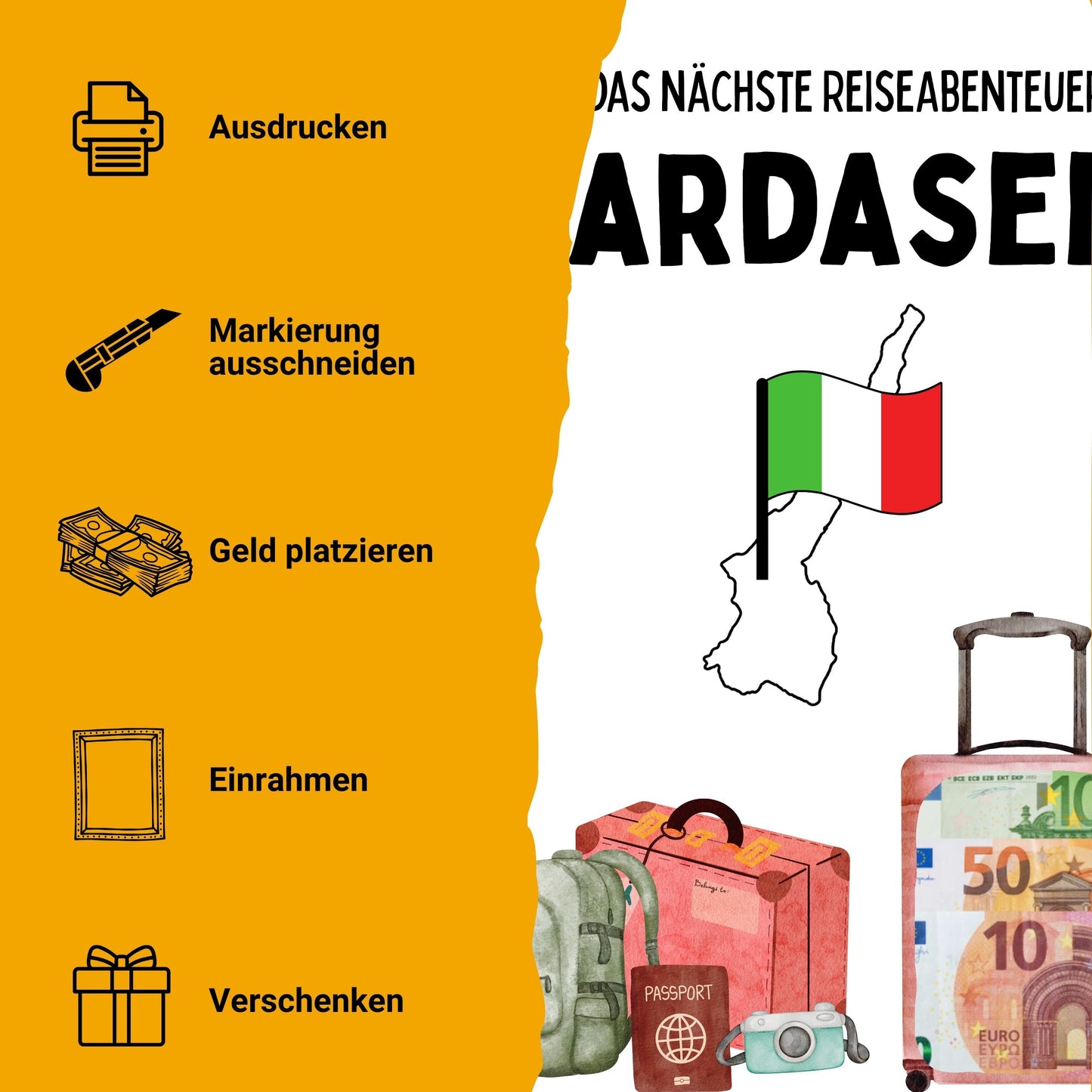 Gardasee Reise Geldgeschenk - Digitaler Sofort Download PDF A4 zum Ausdrucken