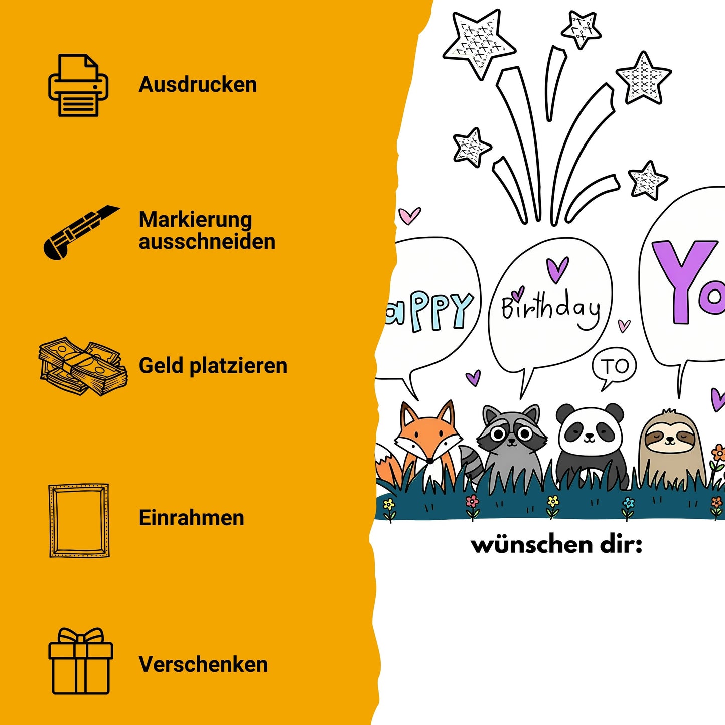 Faultier Fuchs Geldgeschenk Geburtstag personalisierbar – Digitaler Sofort Download PDF A4 zum Ausdrucken