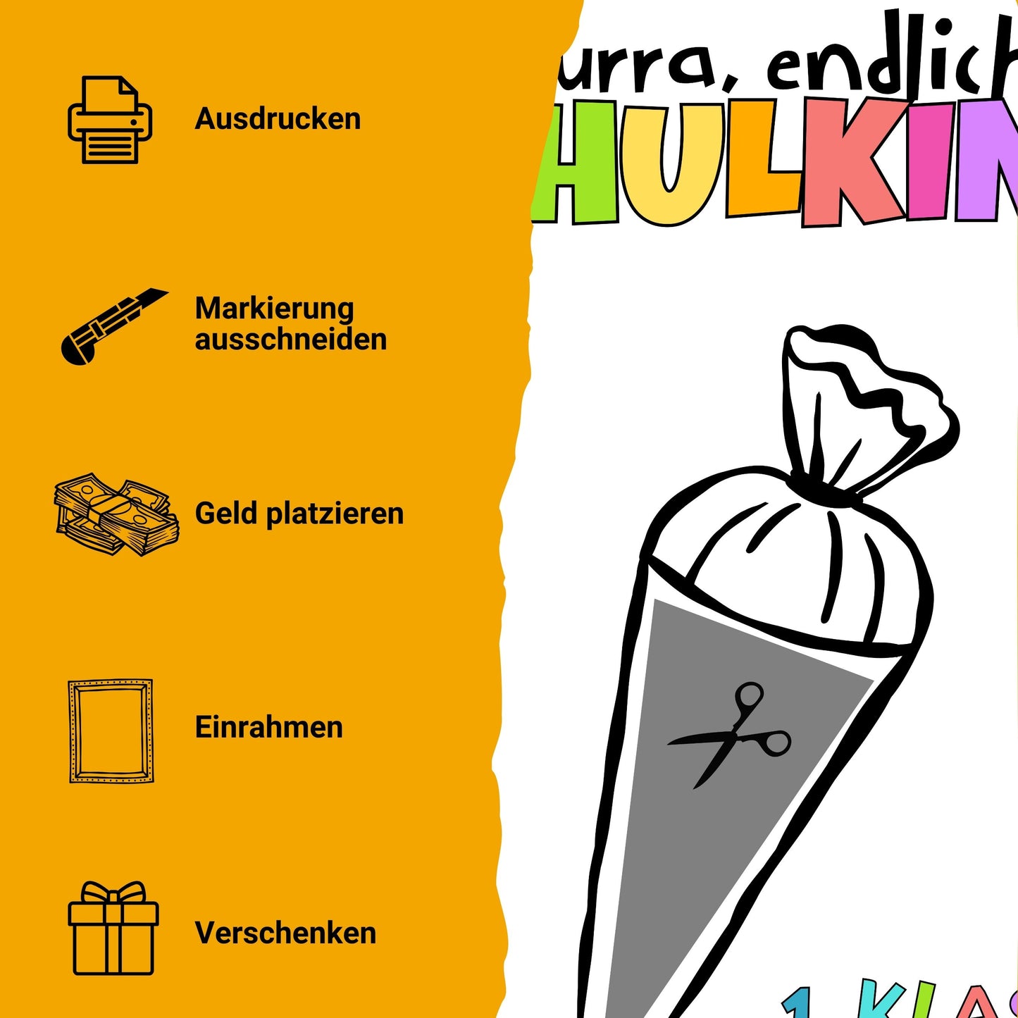 Einschulung Schulkind 2026 Schultüte Geldgeschenk  – Digitaler Sofort Download PDF A4 zum Ausdrucken