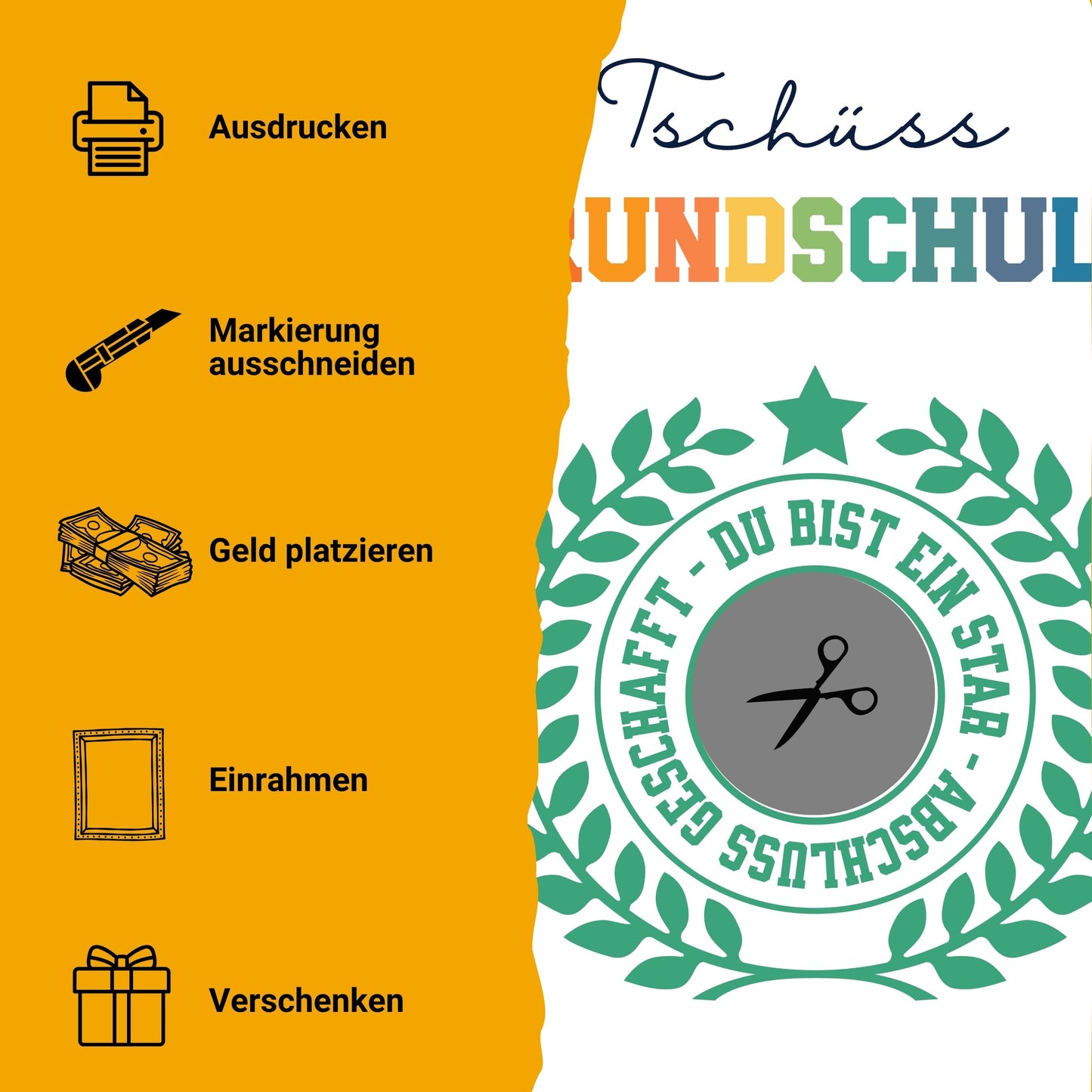 Geldgeschenk Grundschule Abschluss Tschüss – Digitaler Sofort Download PDF A4 zum Ausdrucken