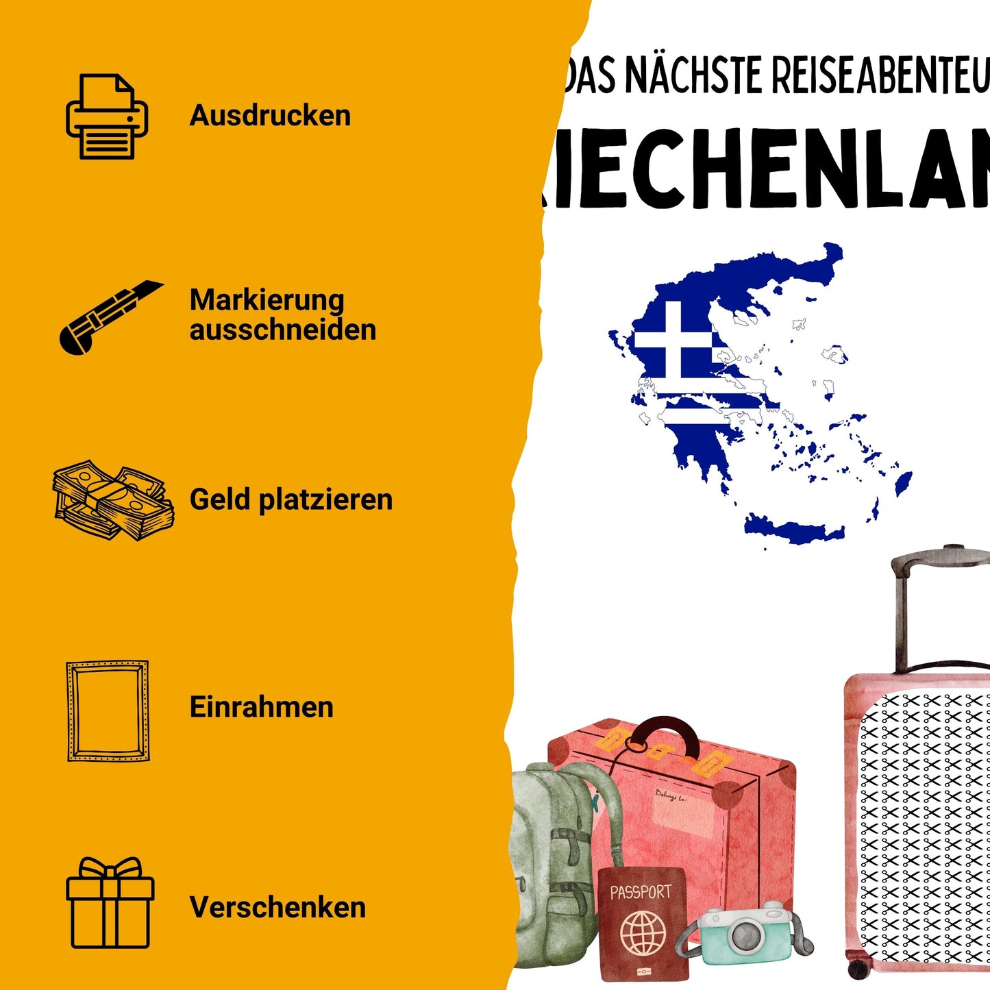 Griechenland Reise Geldgeschenk Reisegutschein – Digitaler Sofort Download PDF A4 zum Ausdrucken