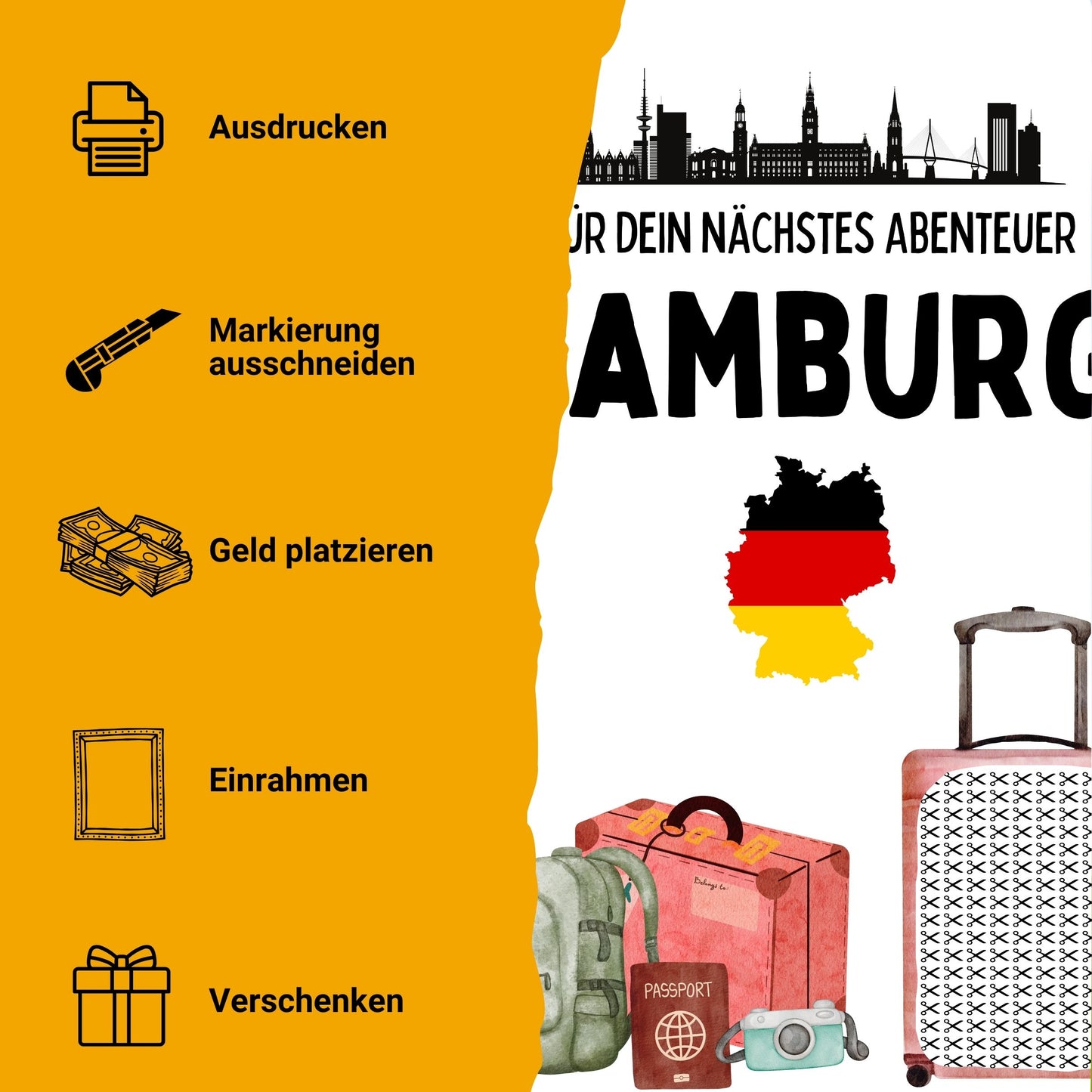 Hamburg Reise Geldgeschenk - Digitaler Sofort Download PDF A4 zum Ausdrucken