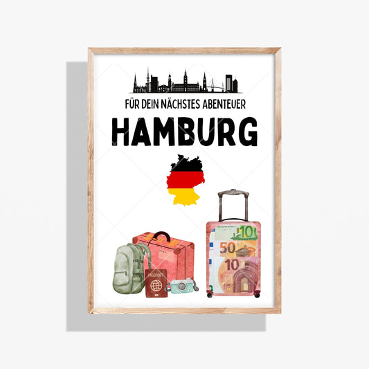 Hamburg Reise Geldgeschenk - Digitaler Sofort Download PDF A4 zum Ausdrucken