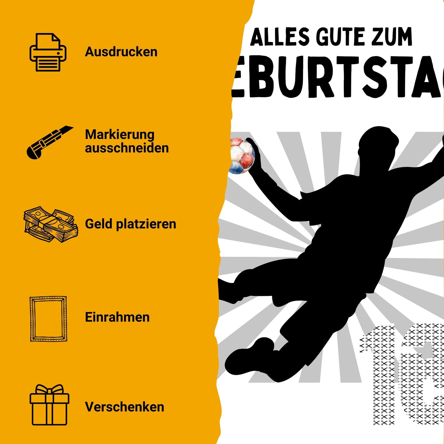 Handball Geldgeschenk 16 Geburtstag – Digitaler Sofort Download PDF A4 zum Ausdrucken