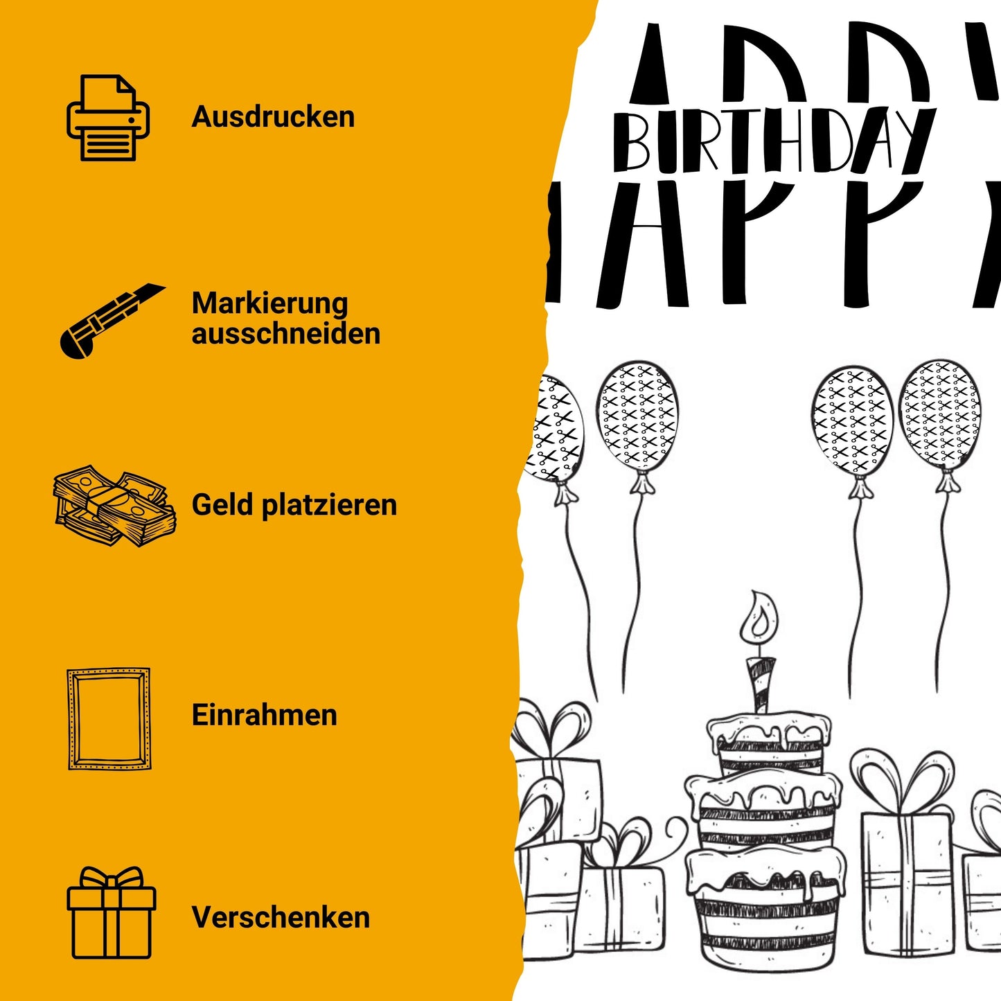 Geldgeschenk Geburtstag Happy Birthday Ballons – Digitaler Sofort Download PDF A4 zum Ausdrucken