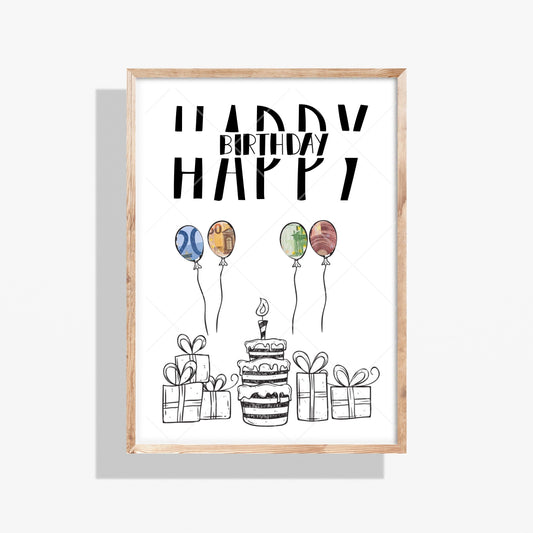 Geldgeschenk Geburtstag Happy Birthday Ballons – Digitaler Sofort Download PDF A4 zum Ausdrucken
