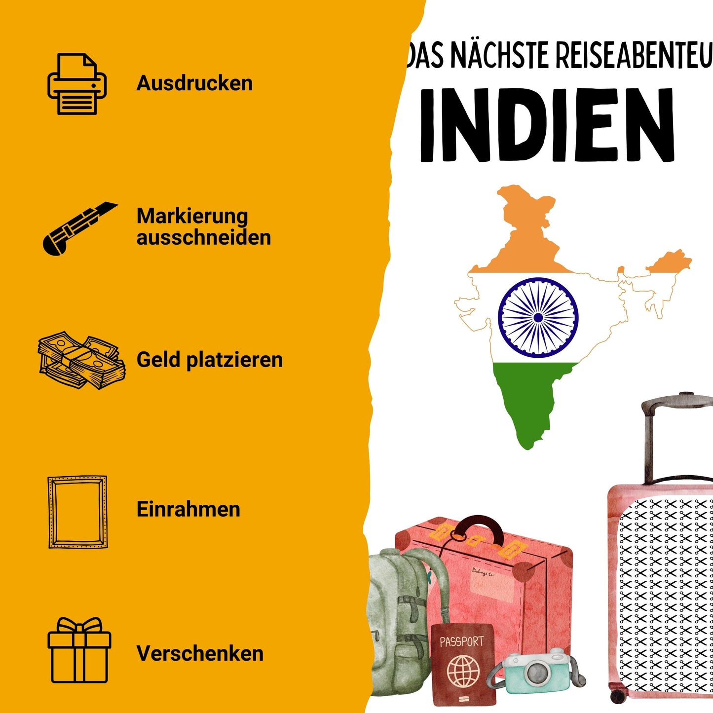 Indien Reise Geldgeschenk Reisegutschein – Digitaler Sofort Download PDF A4 zum Ausdrucken