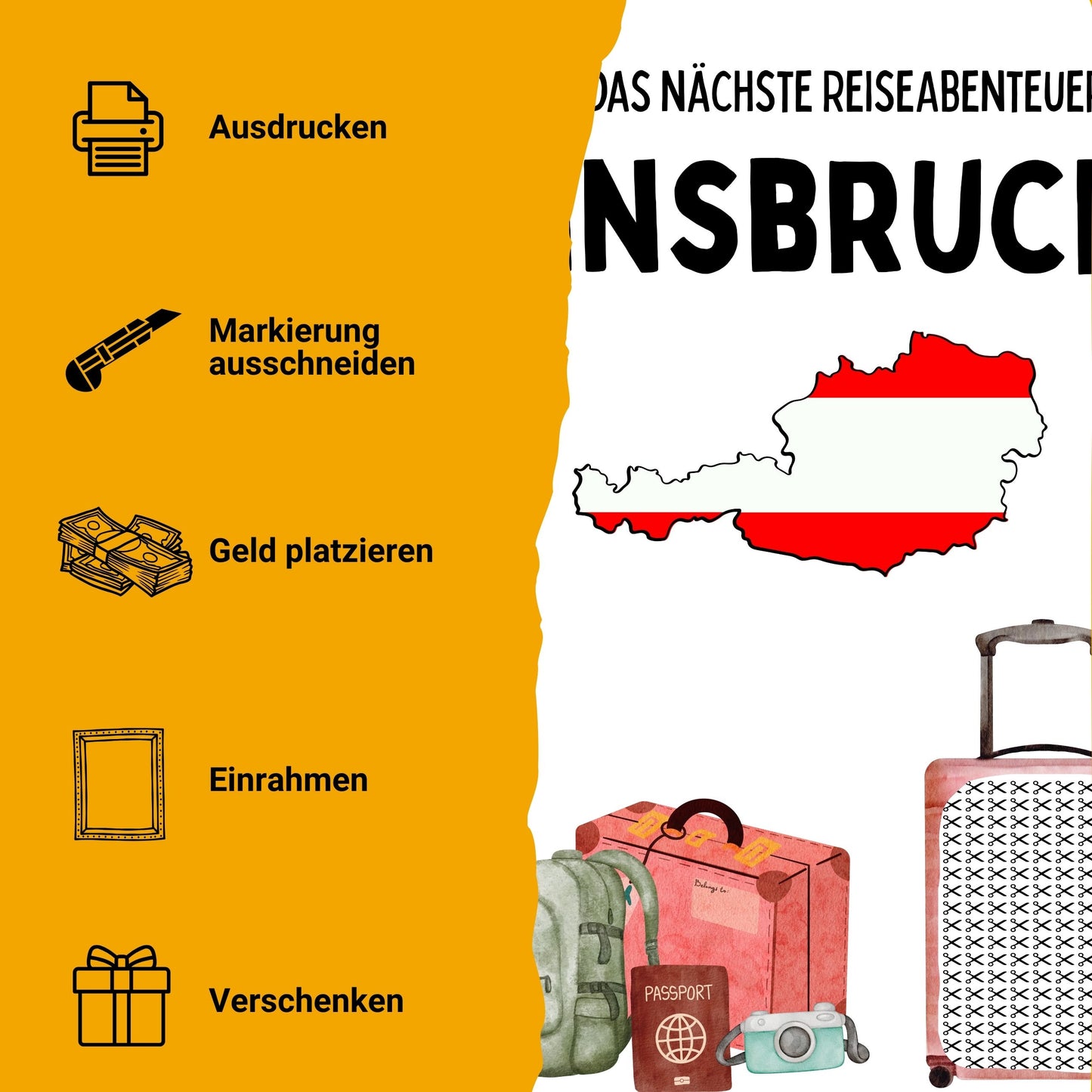 Innsbruck Reise Geldgeschenk - Digitaler Sofort Download PDF A4 zum Ausdrucken