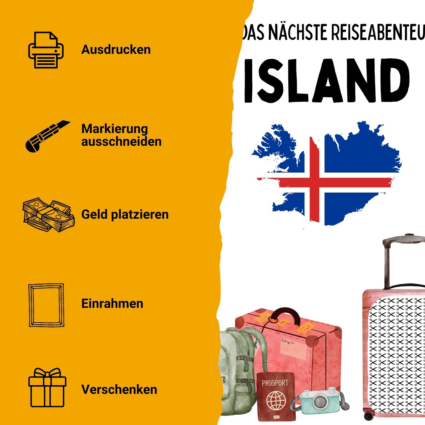 Island Reise Geldgeschenk Reisegutschein – Digitaler Sofort Download PDF A4 zum Ausdrucken