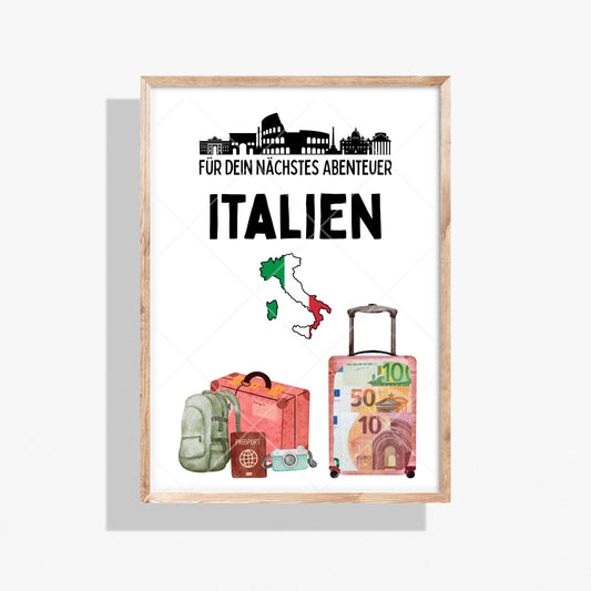 Italien Reise Geldgeschenk - Digitaler Sofort Download PDF A4 zum Ausdrucken