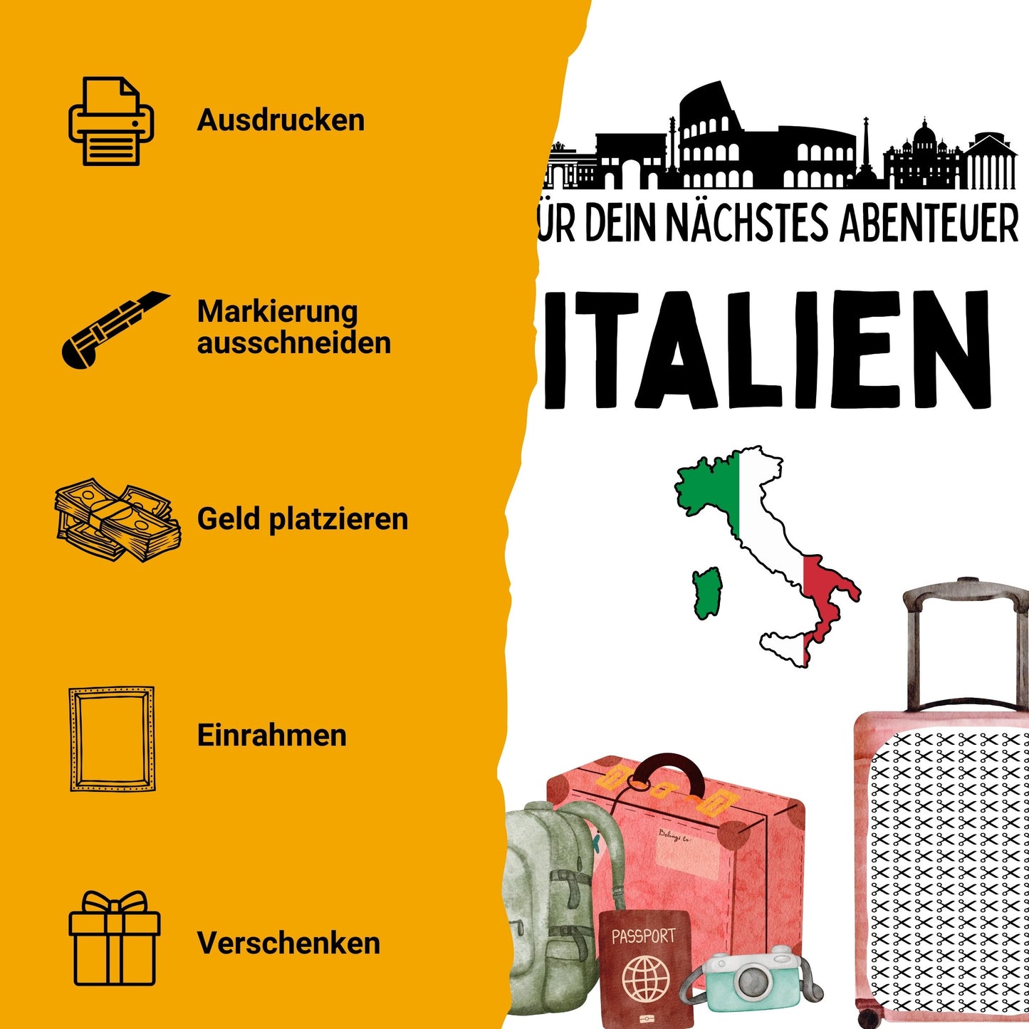 Italien Reise Geldgeschenk - Digitaler Sofort Download PDF A4 zum Ausdrucken