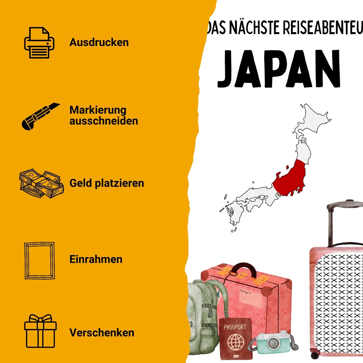 Japan Reise Geldgeschenk - Digitaler Sofort Download PDF A4 zum Ausdrucken