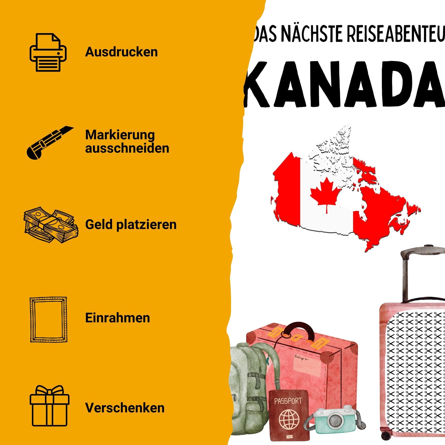Kanada Reise Geldgeschenk - Digitaler Sofort Download PDF A4 zum Ausdrucken