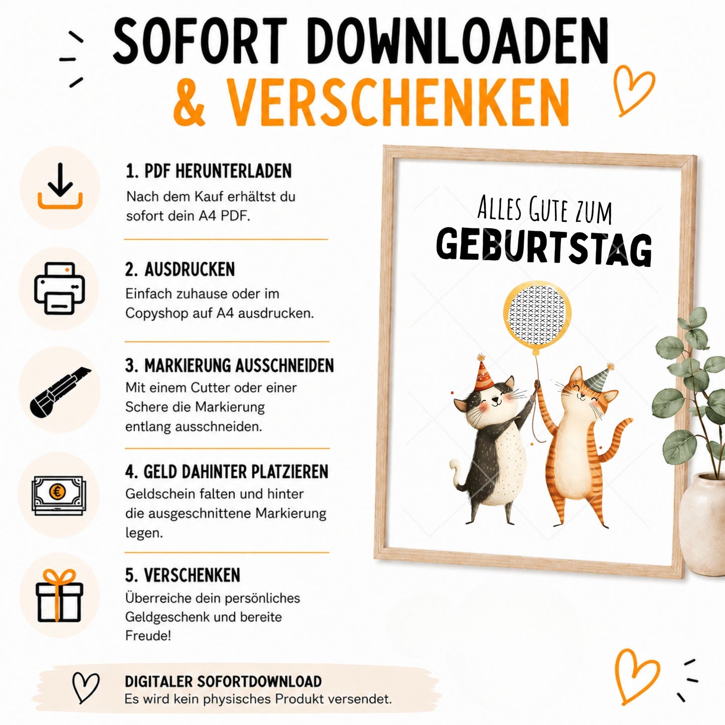 Katze Geldgeschenk Geburtstag – Digitaler Sofort Download PDF A4 zum Ausdrucken