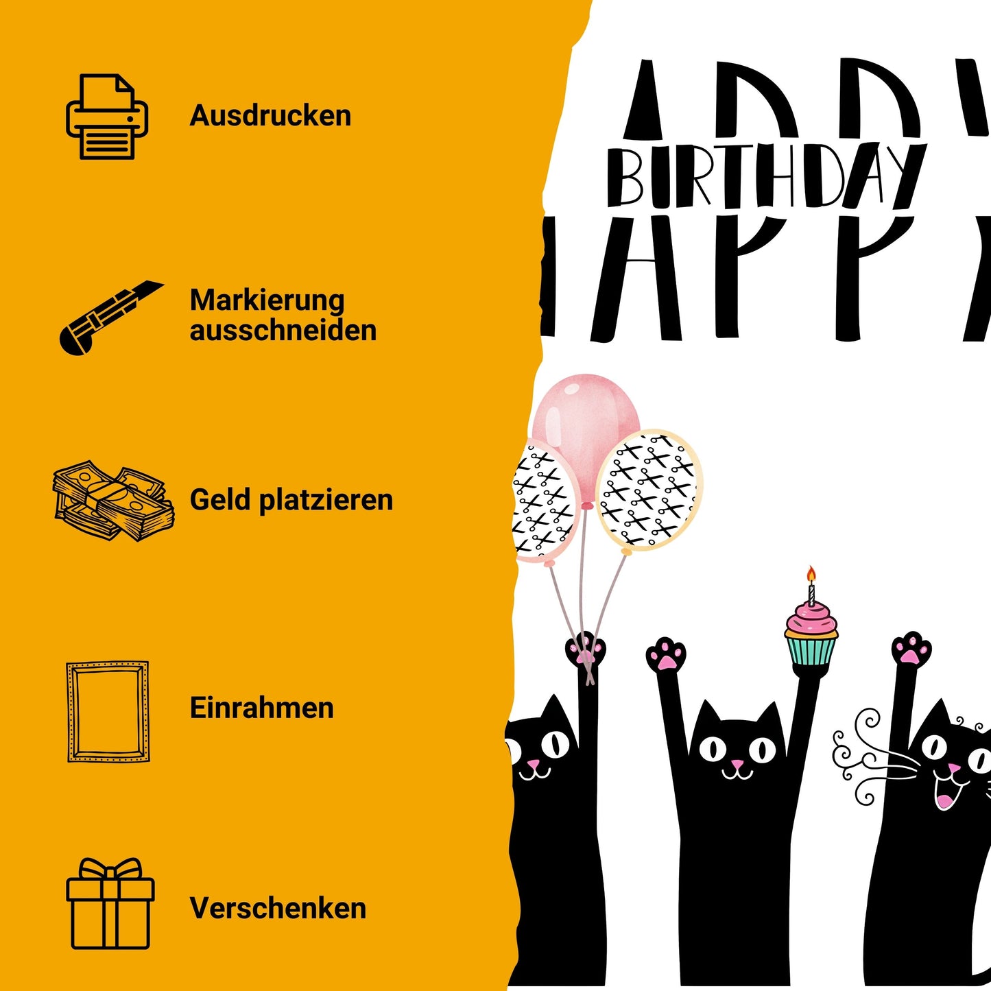 Katze Geldgeschenk Geburtstag drei Katzen – Digitaler Sofort Download PDF A4 zum Ausdrucken
