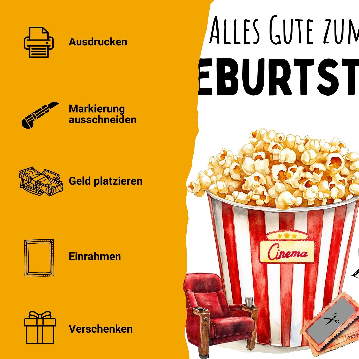 Kino Geldgeschenk Geburtstag – Digitaler Sofort Download PDF A4 zum Ausdrucken