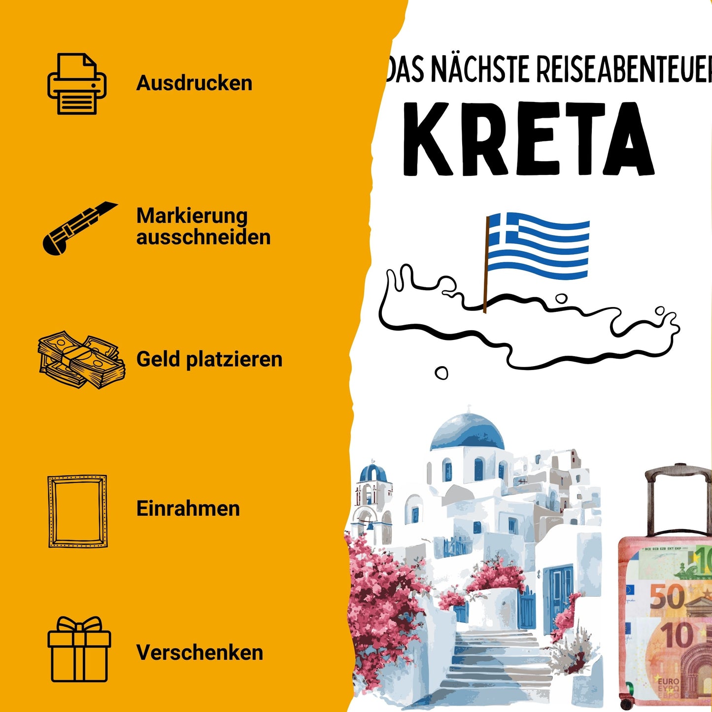 Kreta Reise Geldgeschenk Reisegutschein – Digitaler Sofort Download PDF A4 zum Ausdrucken