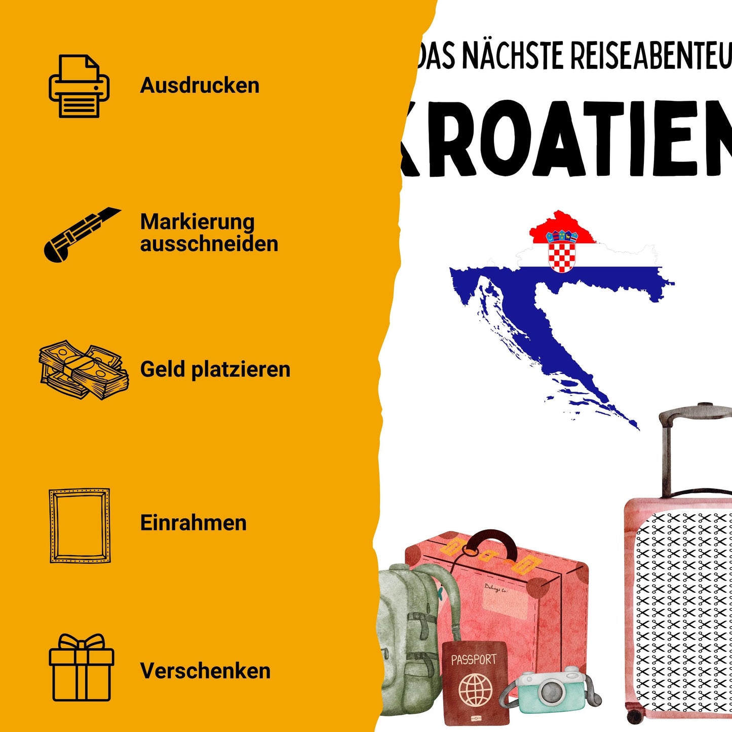 Kroatien Reise Geldgeschenk Reisegutschein – Digitaler Sofort Download PDF A4 zum Ausdrucken