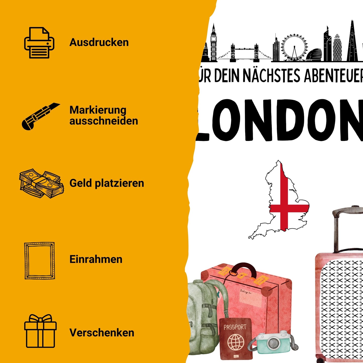 London Reise Geldgeschenk - Digitaler Sofort Download PDF A4 zum Ausdrucken