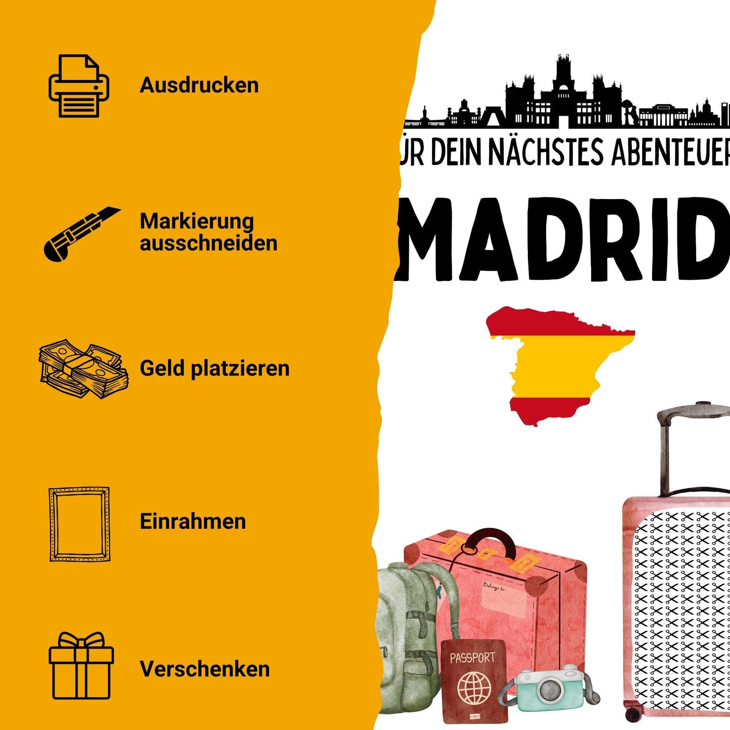 Madrid Reise Geldgeschenk - Digitaler Sofort Download PDF A4 zum Ausdrucken