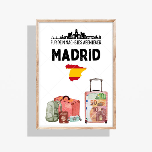 Madrid Reise Geldgeschenk - Digitaler Sofort Download PDF A4 zum Ausdrucken